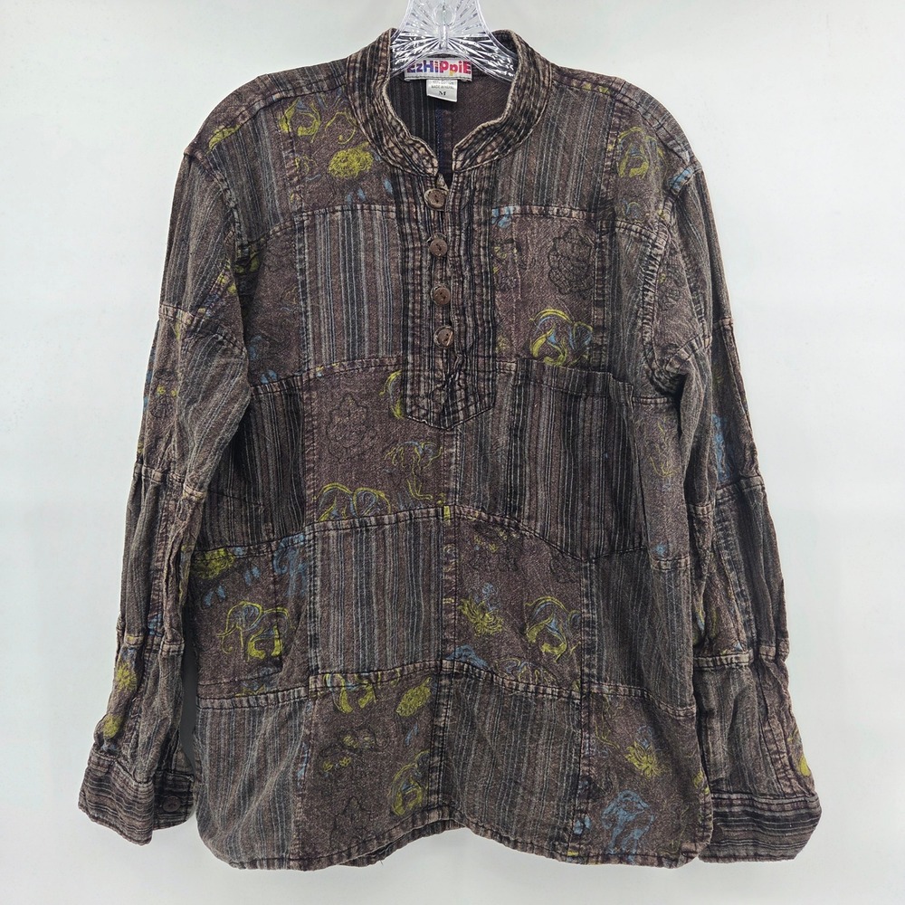 EzHippie Patchwork Henley Top Size‎ M Brown Elephant Print Eclectic Boho Tunic